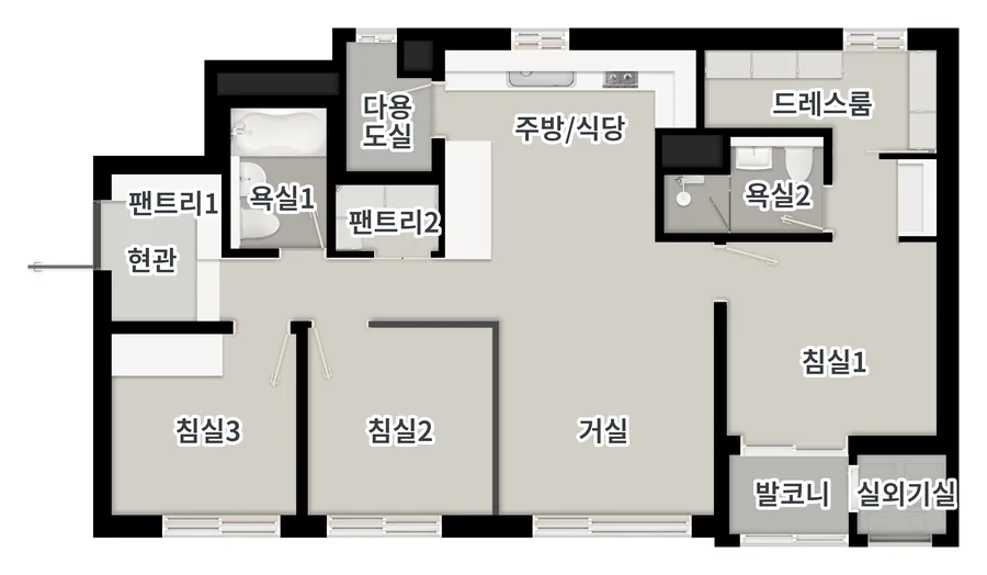 59.99 타입 평면도. 현관, 팬트리 2곳, 침실 3개, 거실, 주방/식당, 욕실 2개, 드레스룸, 다용도실, 발코니, 실외기실.
