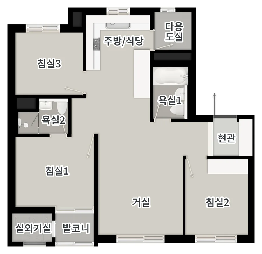 59.15 타입 평면도. 현관, 침실 3개, 거실, 주방/식당, 욕실 2개, 다용도실, 발코니, 실외기실.