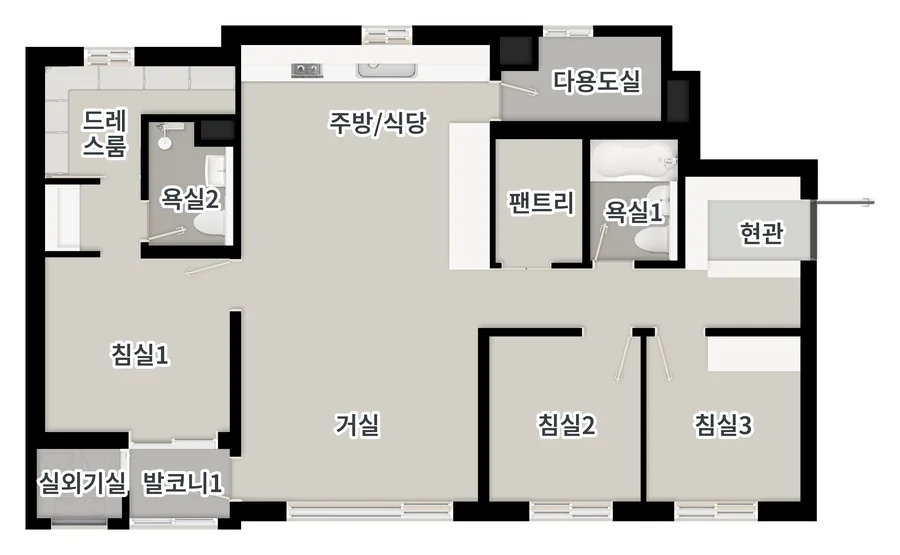 71.58 타입 평면도. 현관, 팬트리, 침실 3개, 거실, 주방/식당, 욕실 2개, 드레스룸, 다용도실, 발코니, 실외기실.